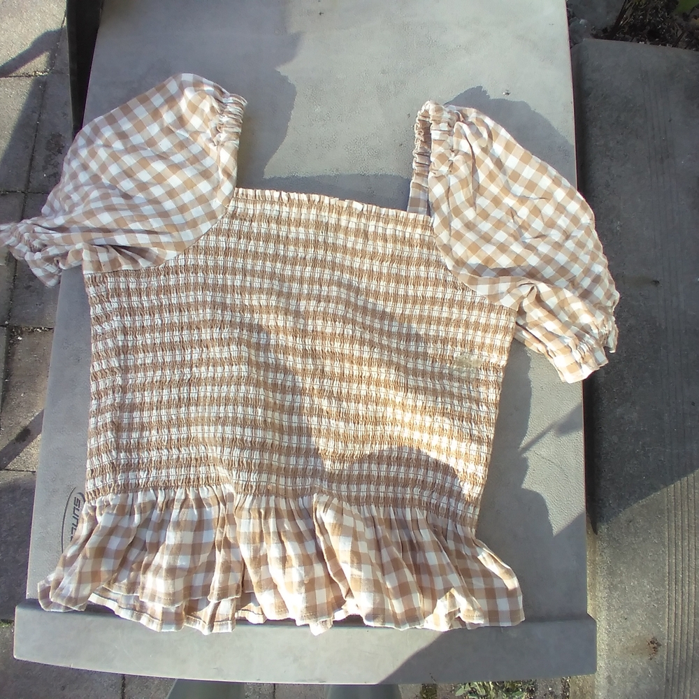 J. Crew Tan and White Puff Sleeve Smocked Blouse